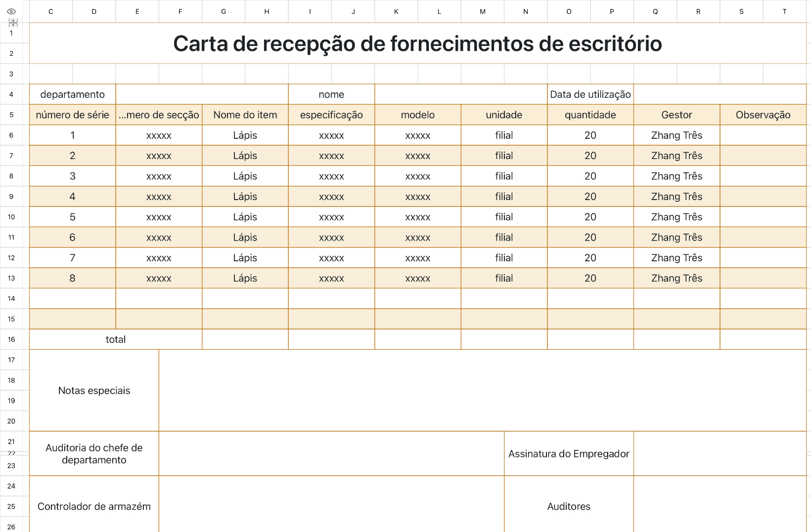 Carta de recepção de fornecimentos de escritório